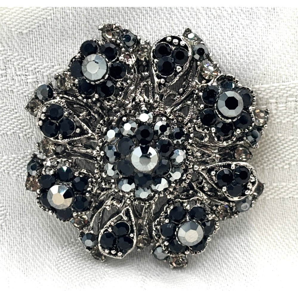 Vintage Silver Tone Floral Brooch Hematite Gray Rhinestone Pin 2" Sparkle EUC